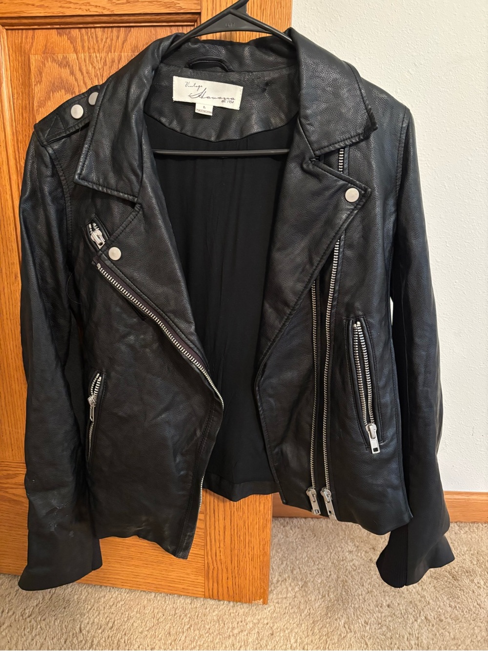 Vintage Havana Black Faux Leather Moto Jacket with Silver Hardware